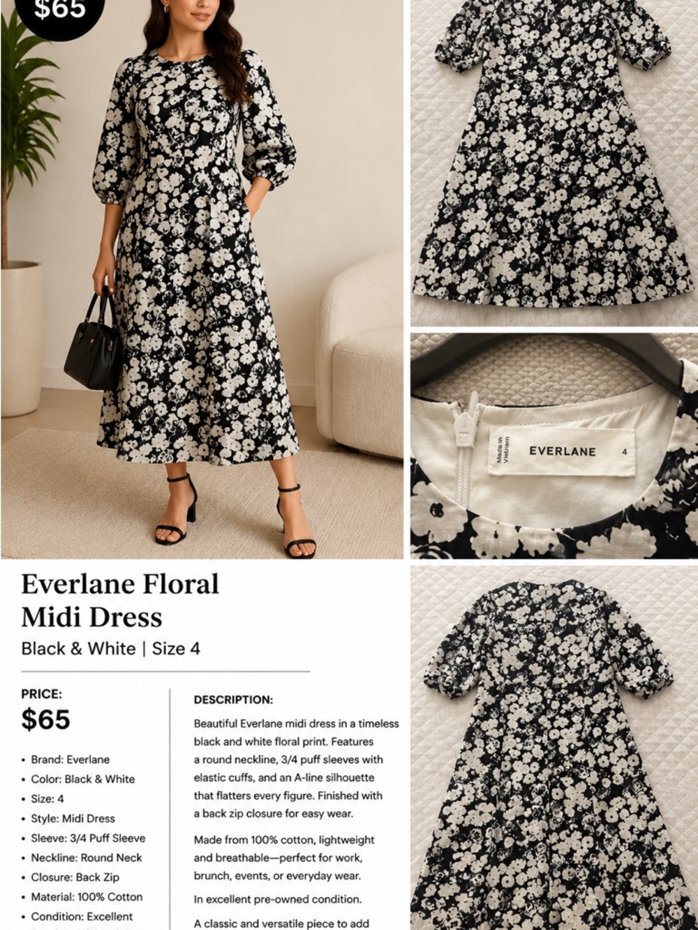 Everlane Black & White Floral A-Line Midi Dress
